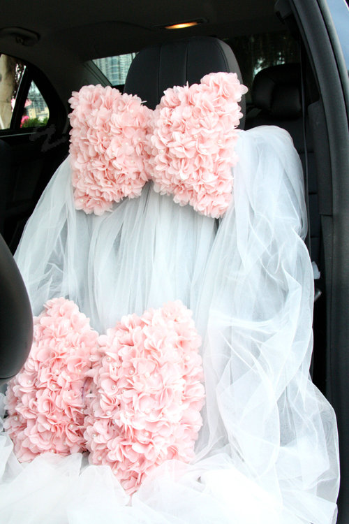 Romantic Lace Flower Pearl Car Neck Safety Pillow Leather Auto Headrest 1pcs - Pink