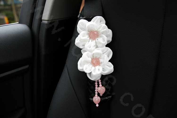Romantic Powder Crystal Flower Auto Seat Safety Belt Covers Genuine Sheepskin 2pcs - Black