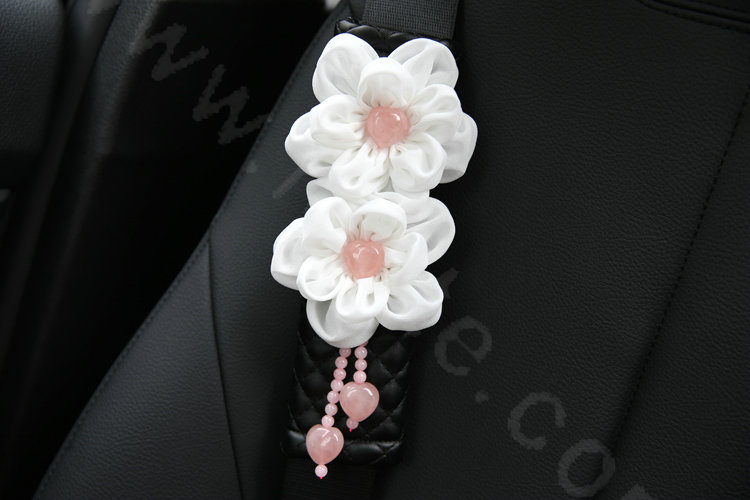 Romantic Powder Crystal Flower Auto Seat Safety Belt Covers Genuine Sheepskin 2pcs - Black