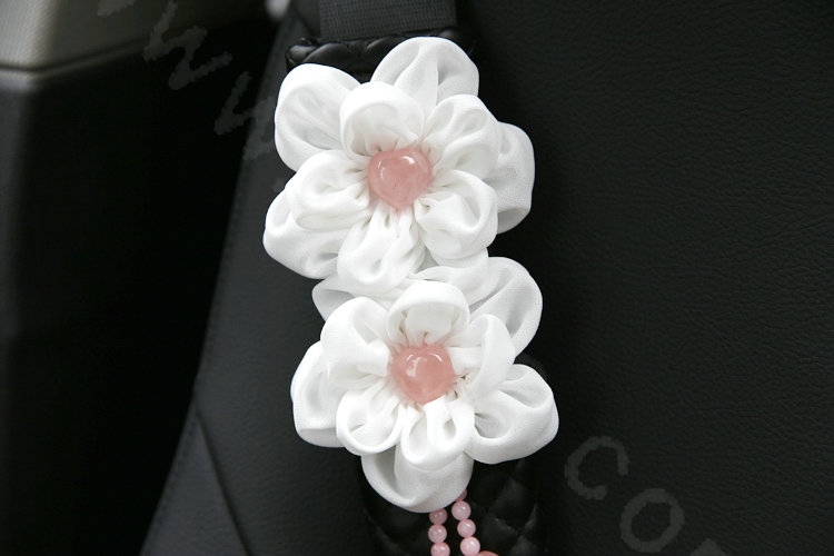 Romantic Powder Crystal Flower Auto Seat Safety Belt Covers Genuine Sheepskin 2pcs - Black