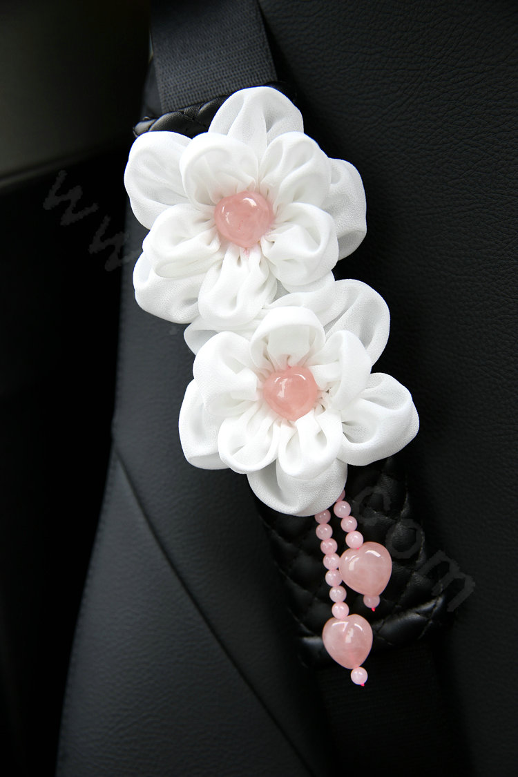 Romantic Powder Crystal Flower Auto Seat Safety Belt Covers Genuine Sheepskin 2pcs - Black