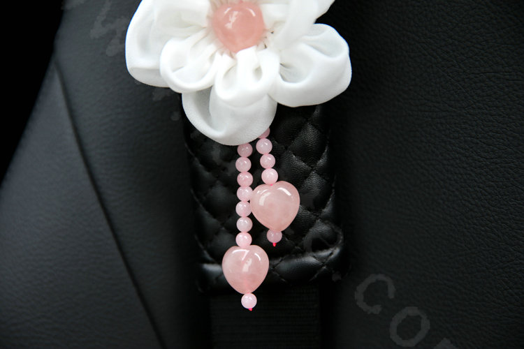 Romantic Powder Crystal Flower Auto Seat Safety Belt Covers Genuine Sheepskin 2pcs - Black