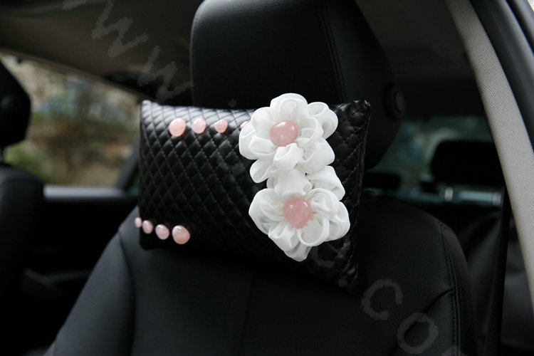 Romantic Powder Crystal Flower Car Headrest Neck Safety Pillow Genuine Sheepskin 1pcs - Black