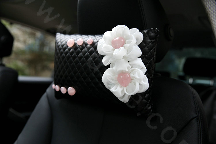Romantic Powder Crystal Flower Car Headrest Neck Safety Pillow Genuine Sheepskin 1pcs - Black
