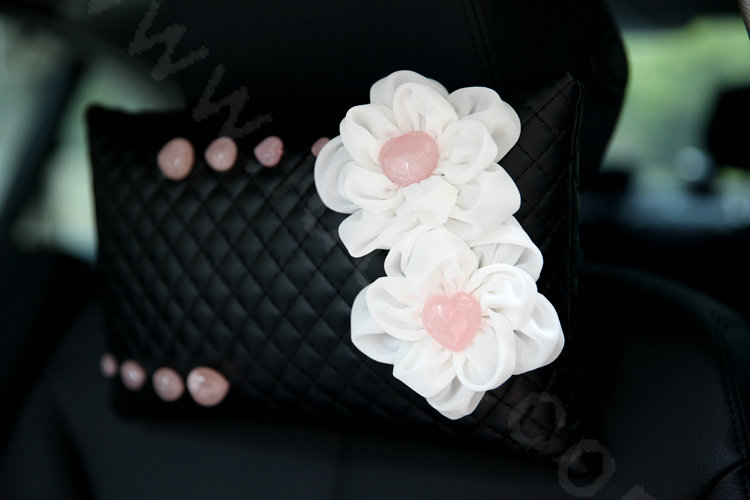 Romantic Powder Crystal Flower Car Headrest Neck Safety Pillow Genuine Sheepskin 1pcs - Black