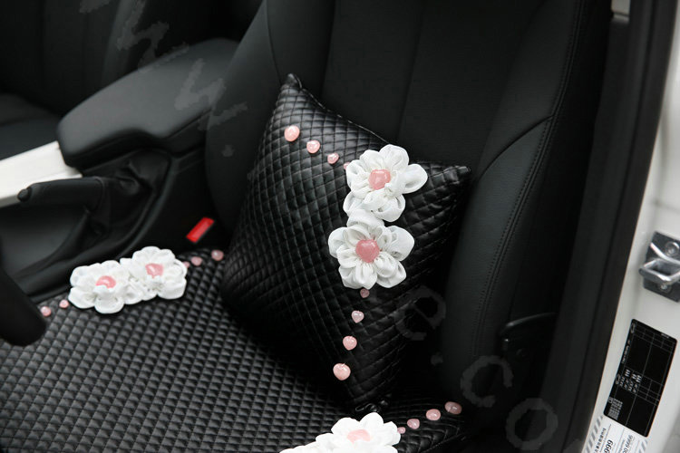 Romantic Powder Crystal Flower Car Lumbar Pillow Genuine Sheepskin Support Cushion 1pcs - Black