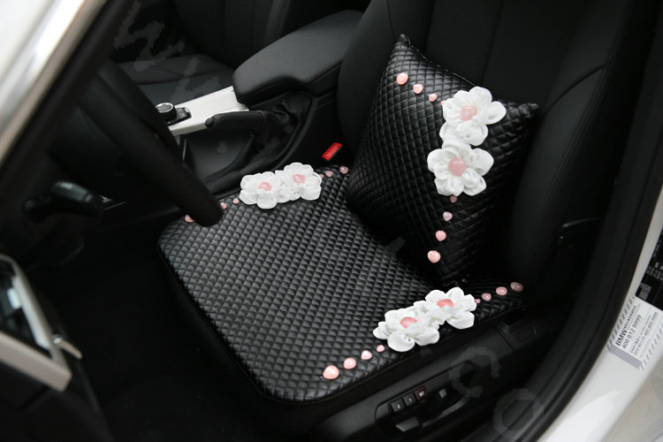 Romantic Powder Crystal Flower Car Lumbar Pillow Genuine Sheepskin Support Cushion 1pcs - Black