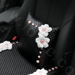 Romantic Powder Crystal Flower Car Lumbar Pillow Genuine Sheepskin Support Cushion 1pcs - Black