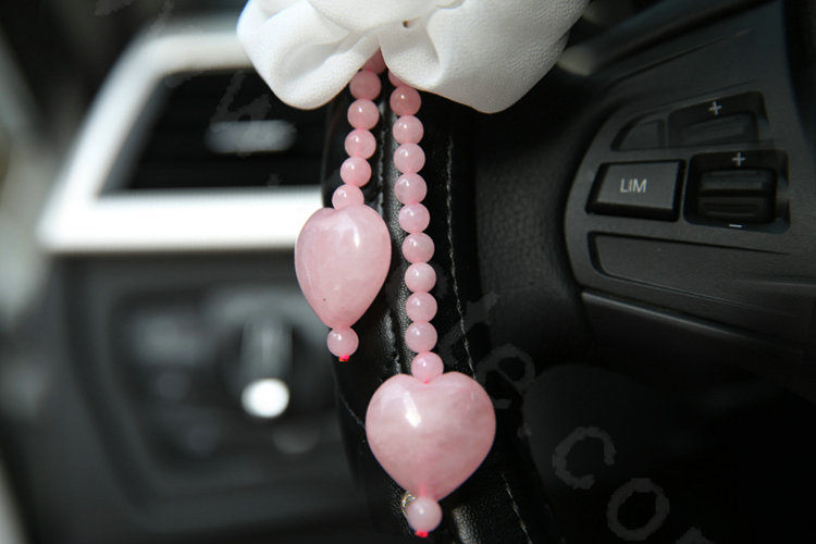 Romantic Powder Crystal Flower Car Steering Wheel Covers Genuine Sheepskin 16 inch 40CM - Black