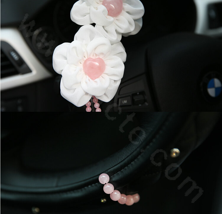 Romantic Powder Crystal Flower Car Steering Wheel Covers Genuine Sheepskin 16 inch 40CM - Black