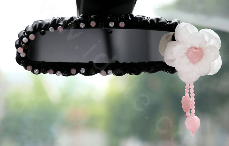 Romantic Powder Crystal Flower Genuine Sheepskin Car Rearview Mirror Elastic Covers - Black