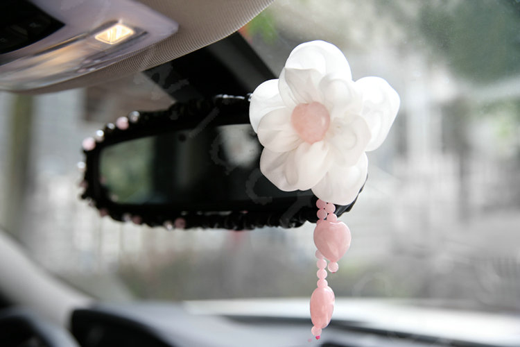 Romantic Powder Crystal Flower Genuine Sheepskin Car Rearview Mirror Elastic Covers - Black