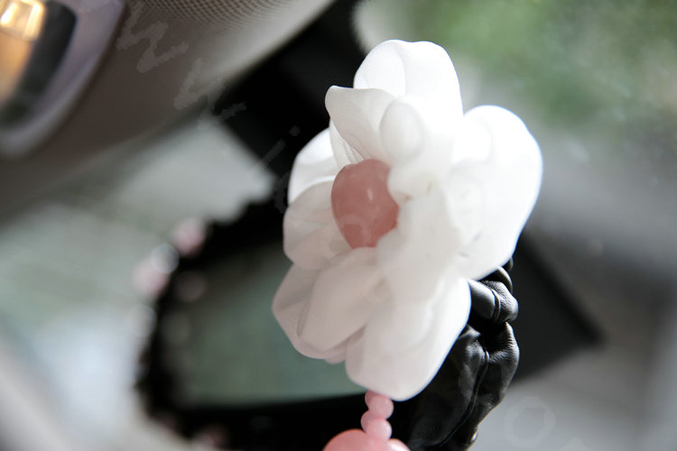 Romantic Powder Crystal Flower Genuine Sheepskin Car Rearview Mirror Elastic Covers - Black