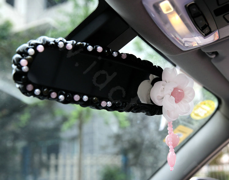 Romantic Powder Crystal Flower Genuine Sheepskin Car Rearview Mirror Elastic Covers - Black