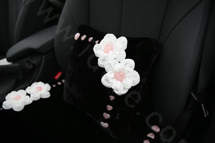 Romantic Powder Crystal Flower Genuine Wool Auto Lumbar Pillow Back Support Cushion 1pcs - Black