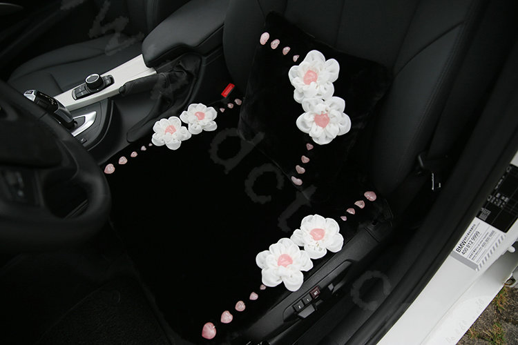 Romantic Powder Crystal Flower Genuine Wool Auto Lumbar Pillow Back Support Cushion 1pcs - Black