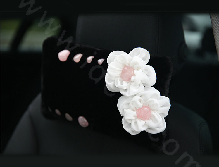 Romantic Powder Crystal Flower Genuine Wool Auto Neck Safety Pillow Accessories 1pcs - Black