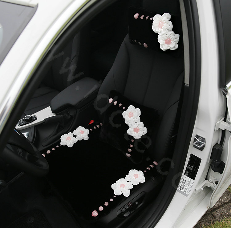 Romantic Powder Crystal Flower Genuine Wool Auto Neck Safety Pillow Accessories 1pcs - Black