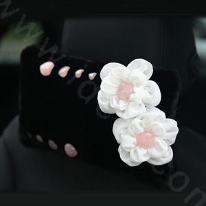 Romantic Powder Crystal Flower Genuine Wool Auto Neck Safety Pillow Accessories 1pcs - Black