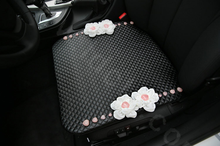 Romantic Powder Crystal Flower Universal Car Seat Cushion Genuine Sheepskin Pad 1pcs - Black