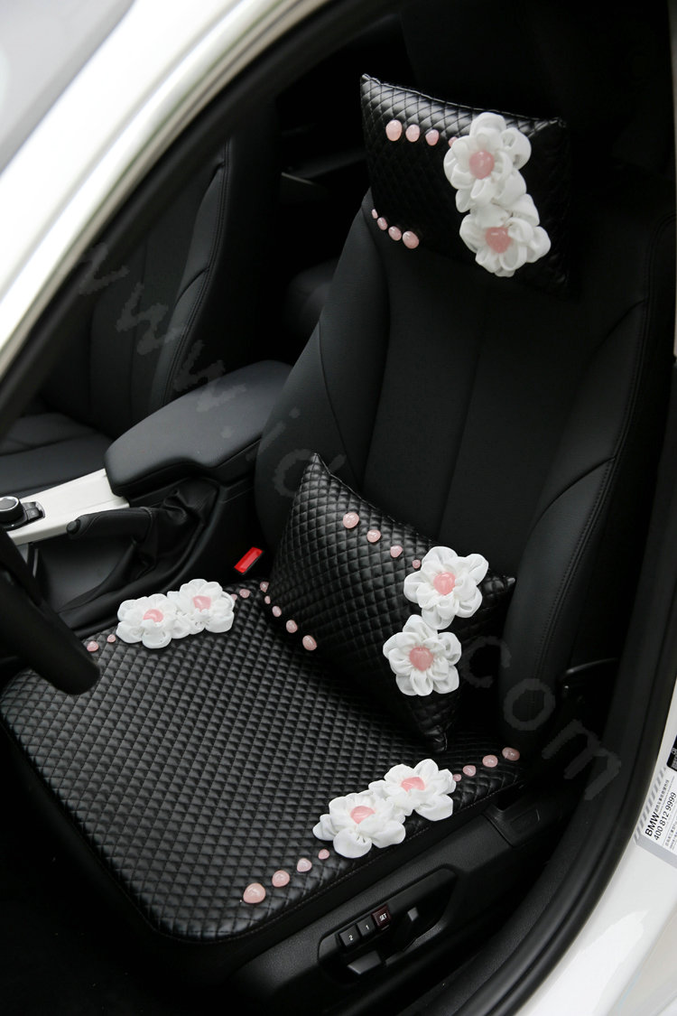 Romantic Powder Crystal Flower Universal Car Seat Cushion Genuine Sheepskin Pad 1pcs - Black