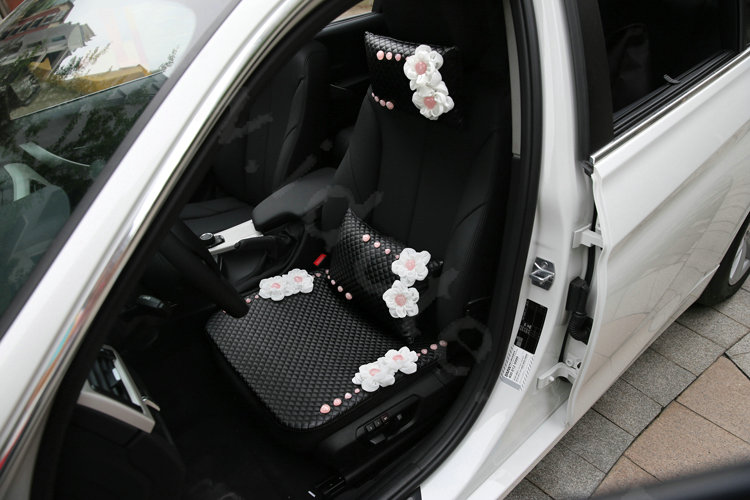 Romantic Powder Crystal Flower Universal Car Seat Cushion Genuine Sheepskin Pad 1pcs - Black