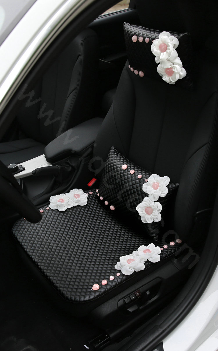 Romantic Powder Crystal Flower Universal Car Seat Cushion Genuine Sheepskin Pad 1pcs - Black