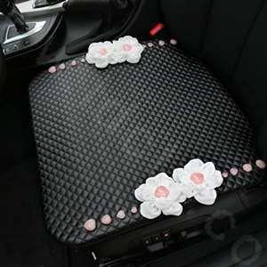 Romantic Powder Crystal Flower Universal Car Seat Cushion Genuine Sheepskin Pad 1pcs - Black