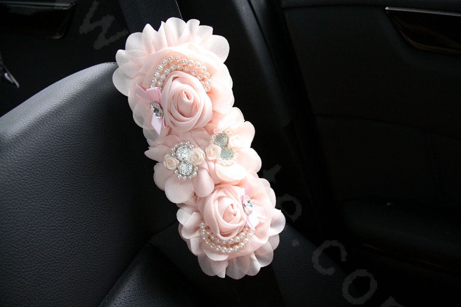 Romantic Princess Lace Flower Pearl Crystal Auto Seat Safety Belt Covers 2pcs - Pink
