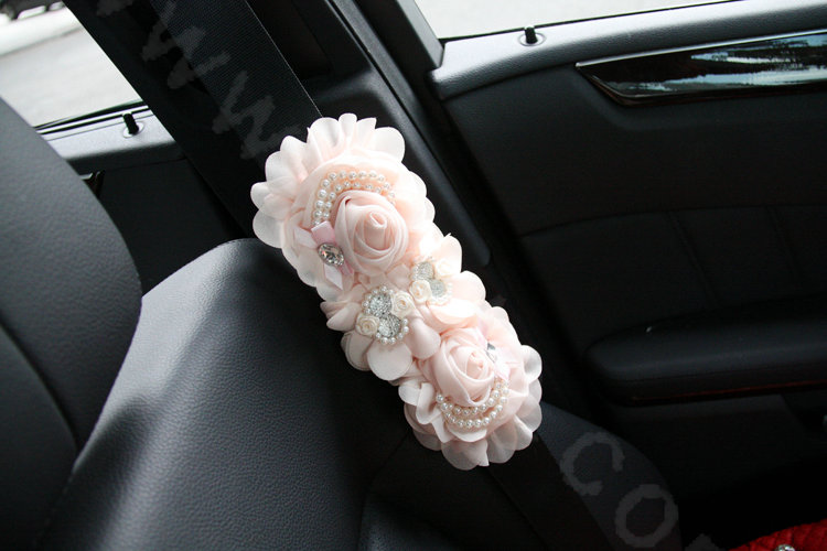 Romantic Princess Lace Flower Pearl Crystal Auto Seat Safety Belt Covers 2pcs - Pink