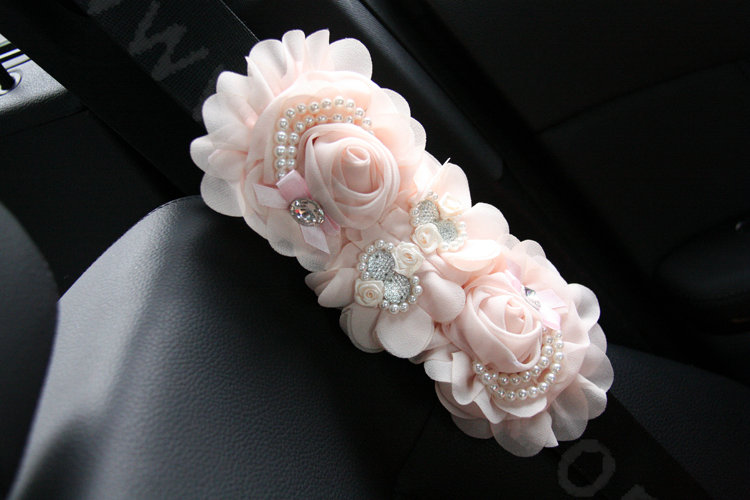Romantic Princess Lace Flower Pearl Crystal Auto Seat Safety Belt Covers 2pcs - Pink