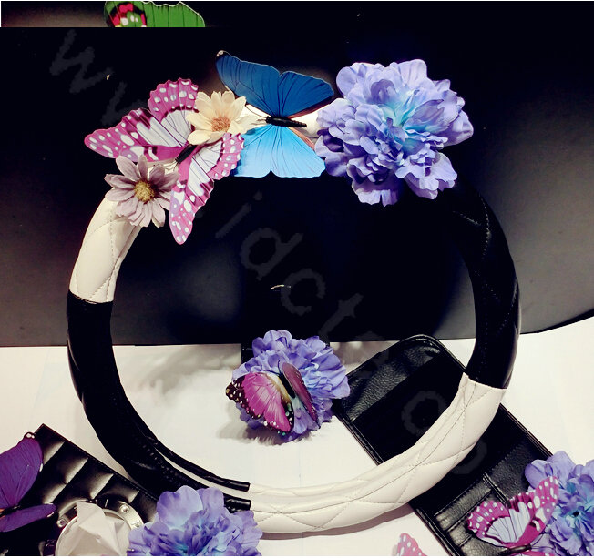 Romantic Women Butterfly Lily Flower Leather Car Steering Wheel Covers 15 inch 38CM - Black