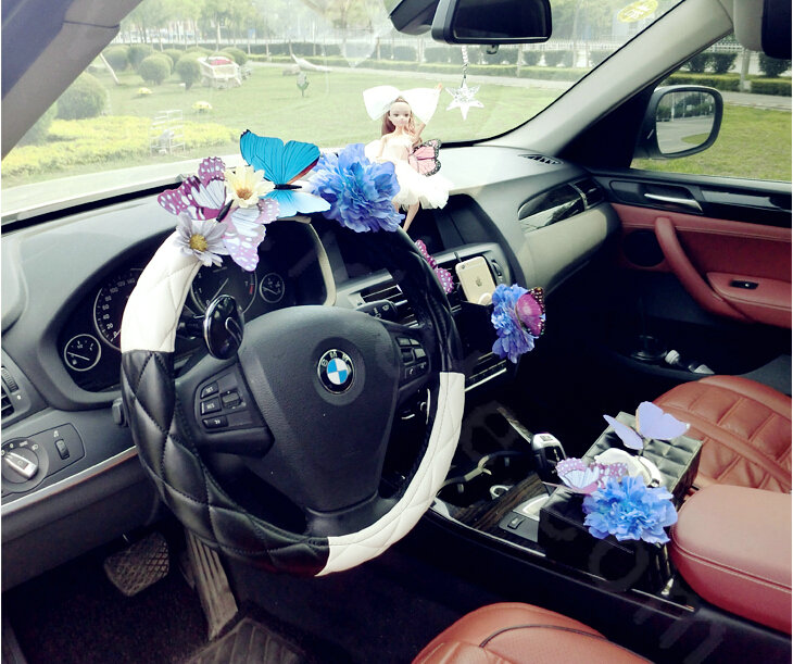 Romantic Women Butterfly Lily Flower Leather Car Steering Wheel Covers 15 inch 38CM - Black
