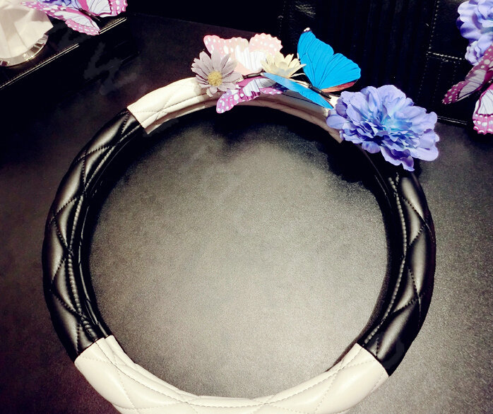 Romantic Women Butterfly Lily Flower Leather Car Steering Wheel Covers 15 inch 38CM - Black