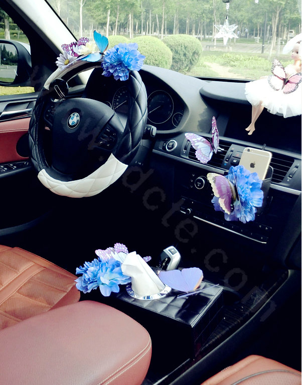 Romantic Women Butterfly Lily Flower Leather Car Steering Wheel Covers 15 inch 38CM - Black