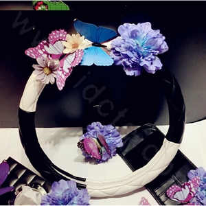 Romantic Women Butterfly Lily Flower Leather Car Steering Wheel Covers 15 inch 38CM - Black