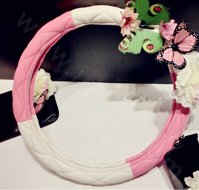 Romantic Women Butterfly Lily Flower Leather Car Steering Wheel Covers 15 inch 38CM - Pink
