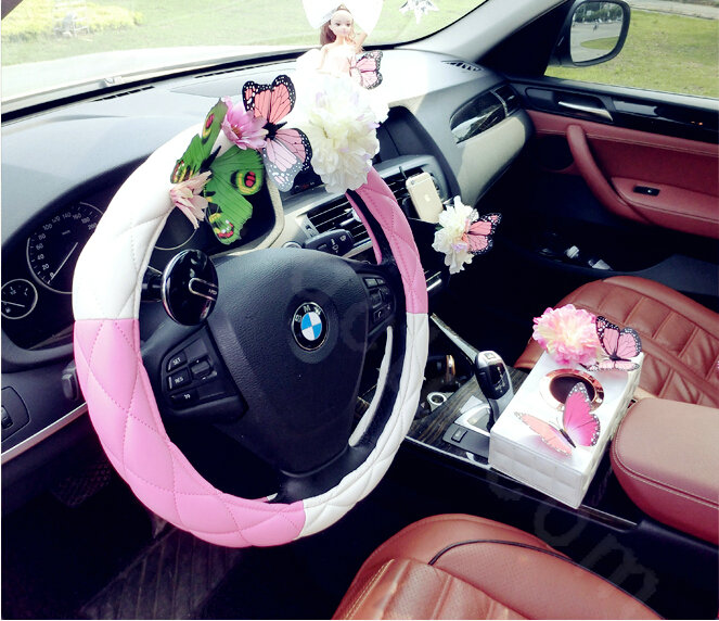 Romantic Women Butterfly Lily Flower Leather Car Steering Wheel Covers 15 inch 38CM - Pink
