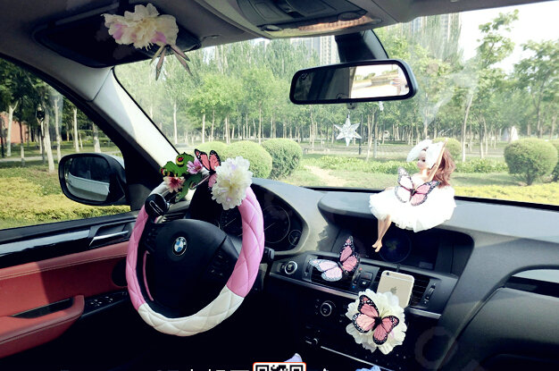 Romantic Women Butterfly Lily Flower Leather Car Steering Wheel Covers 15 inch 38CM - Pink