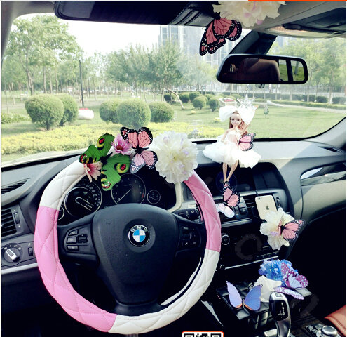 Romantic Women Butterfly Lily Flower Leather Car Steering Wheel Covers 15 inch 38CM - Pink