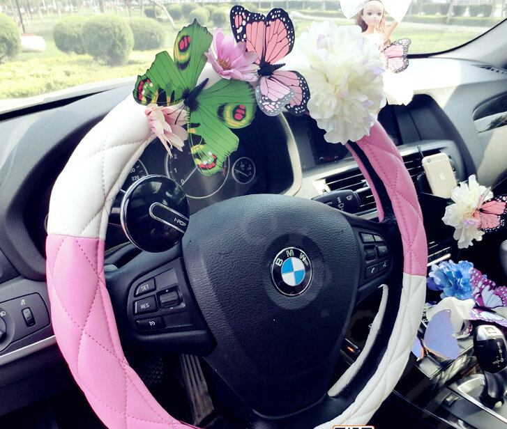 Romantic Women Butterfly Lily Flower Leather Car Steering Wheel Covers 15 inch 38CM - Pink