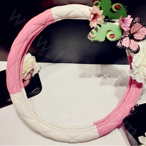 Romantic Women Butterfly Lily Flower Leather Car Steering Wheel Covers 15 inch 38CM - Pink