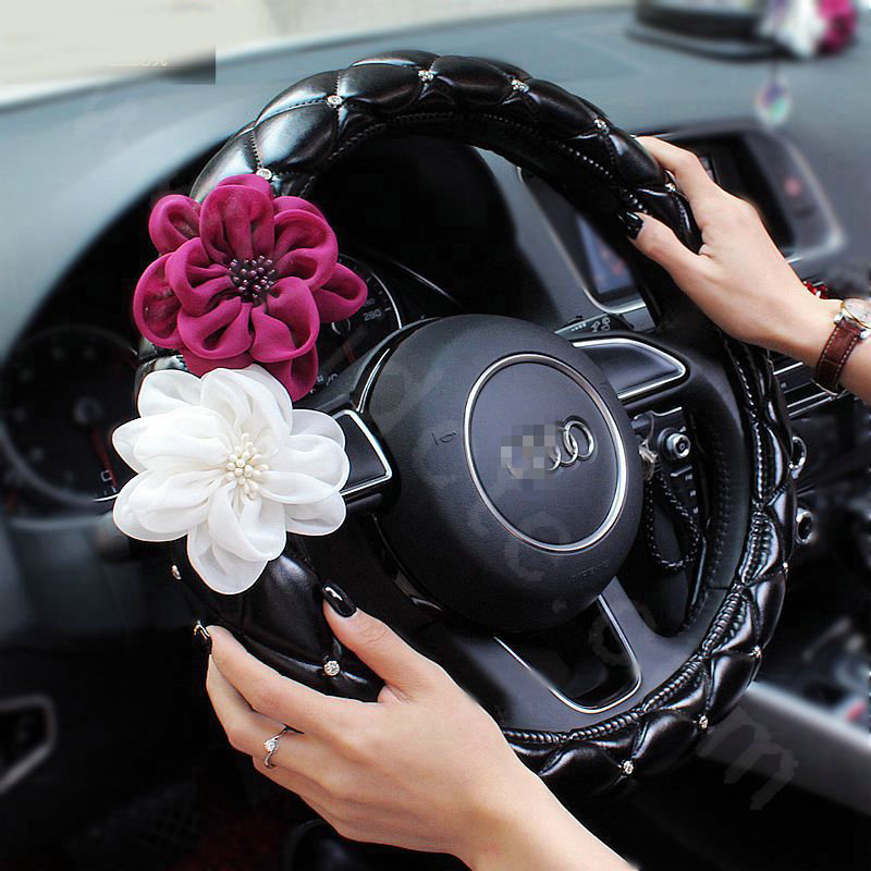 Rose Multiflora Diamond Women PU Leather Car Steering Wheel Covers 15 inch 38CM - Black