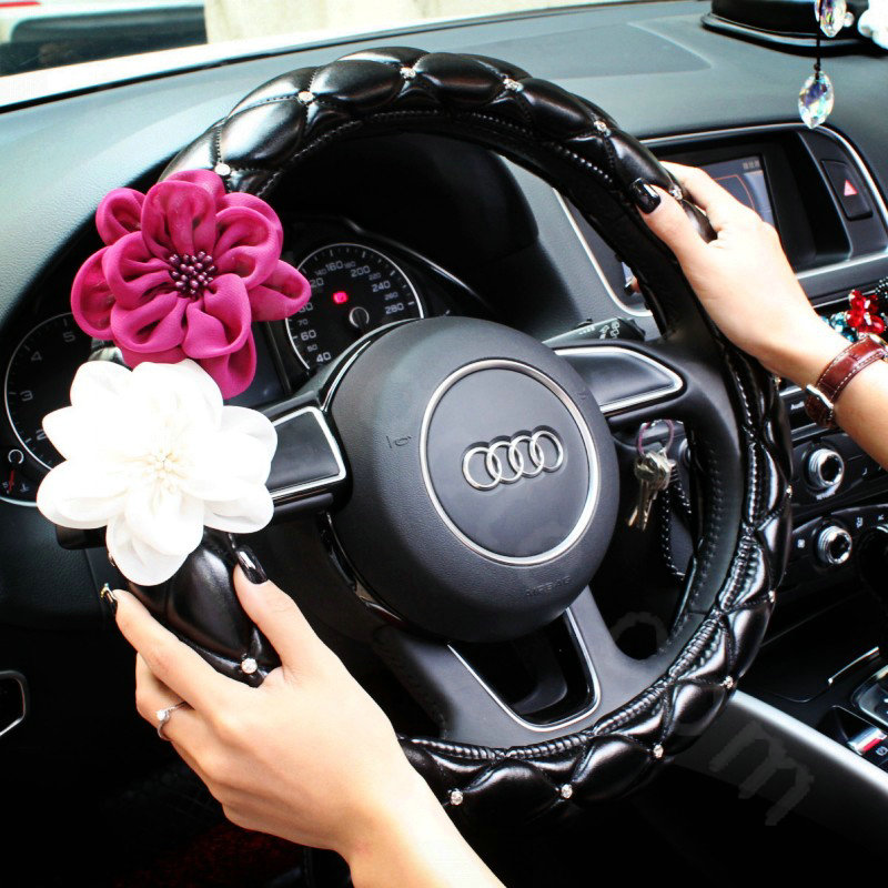 Rose Multiflora Diamond Women PU Leather Car Steering Wheel Covers 15 inch 38CM - Black
