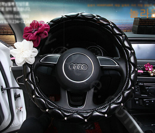 Rose Multiflora Diamond Women PU Leather Car Steering Wheel Covers 15 inch 38CM - Black