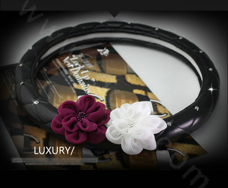 Rose Multiflora Diamond Women PU Leather Car Steering Wheel Covers 15 inch 38CM - Black