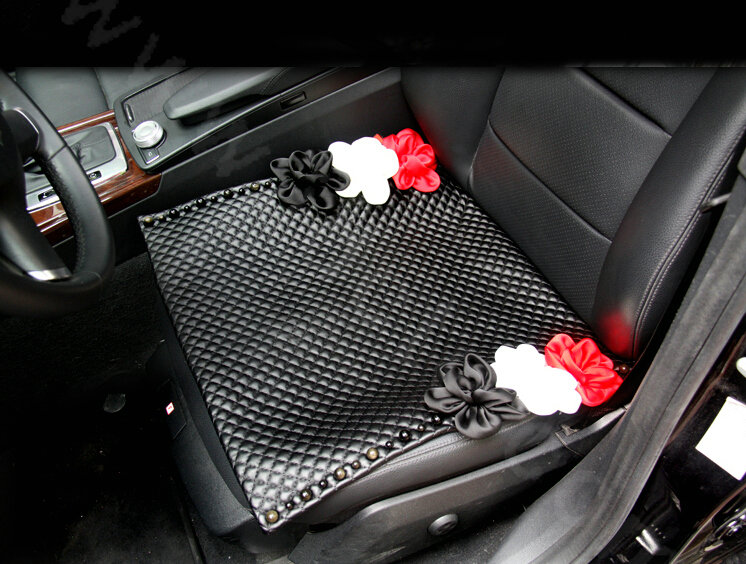 Sexy Crystal Beads Rose Universal Car Seat Cushion Women Genuine Sheepskin Pad 1pcs - Black