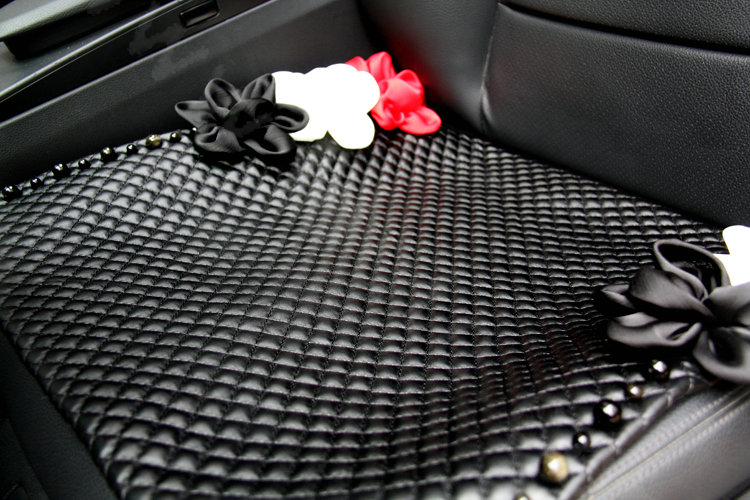 Sexy Crystal Beads Rose Universal Car Seat Cushion Women Genuine Sheepskin Pad 1pcs - Black