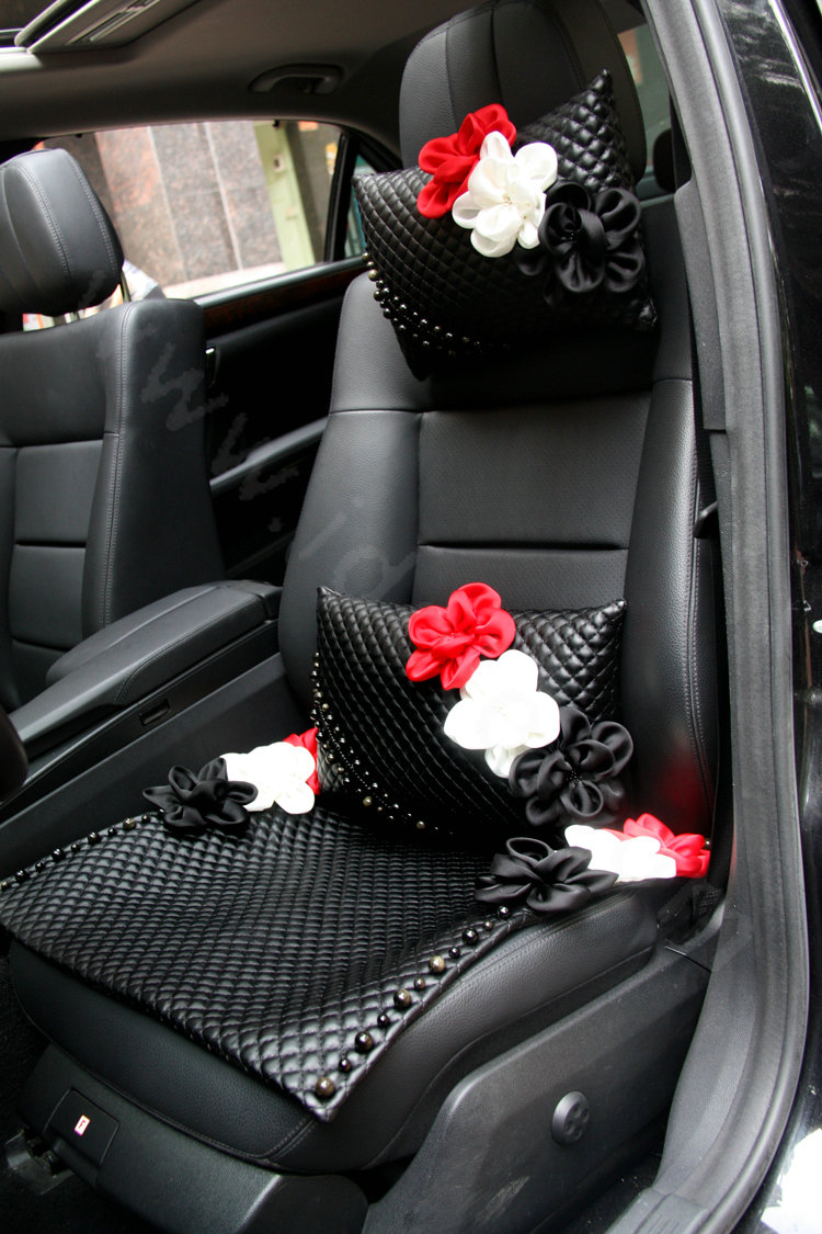 Sexy Crystal Beads Rose Universal Car Seat Cushion Women Genuine Sheepskin Pad 1pcs - Black