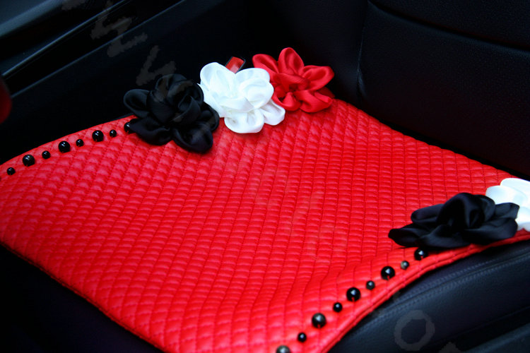 Sexy Crystal Beads Rose Universal Car Seat Cushion Women Genuine Sheepskin Pad 1pcs - Red